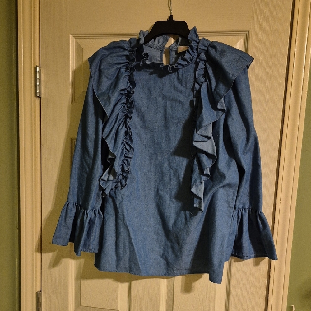 Blue Ruffled Long Sleeve Top